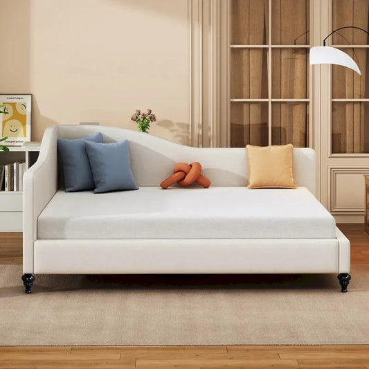 Beige L-Shaped Daybed with Wood Legs - Full