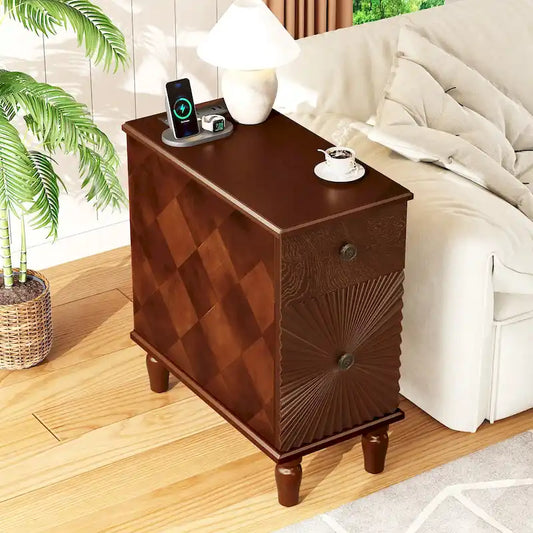 2 Drawer Modern Sofa Side Table, Solid Wood Narrow Side Table, Slim Nightstand for Living Room, Bedroom