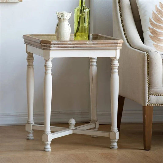 White and Natural Wood Square Side Table with Tray Top
