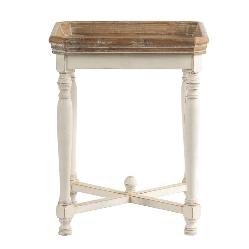White and Natural Wood Square Side Table with Tray Top