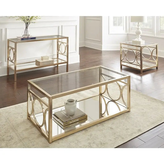 Gold Modern Console Table with Glass Top and Mirrored Shelf