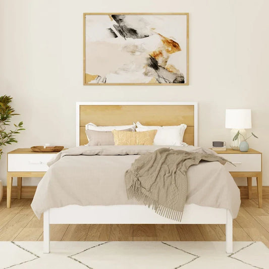White Wood Platform Bed with Panel Headboard - Full