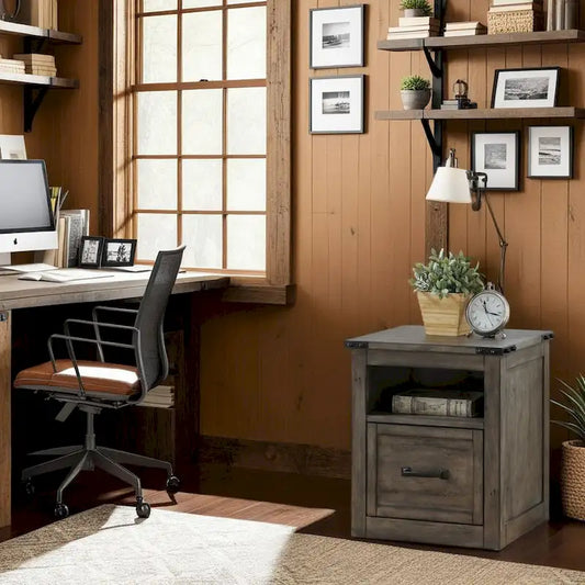 Grey Farmhouse File Cabinet with Drawer and Shelf