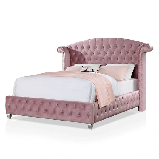 Pink Tufted Wingback Bed with Nailhead Trim