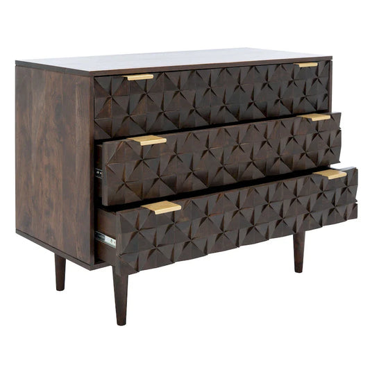 Walnut 3-Drawer Chest with Geometric Carved Details