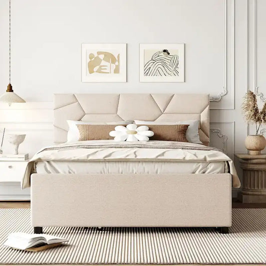 Beige Platform Bed with Brick Pattern Headboard and Trundle - Full