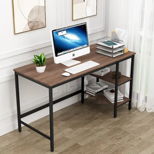 Brown Industrial Computer Desk with Storage Shelves