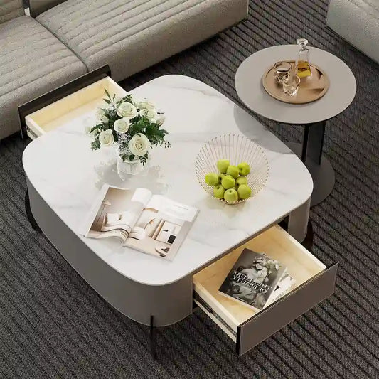 White Square Coffee Table with 2 Drawers