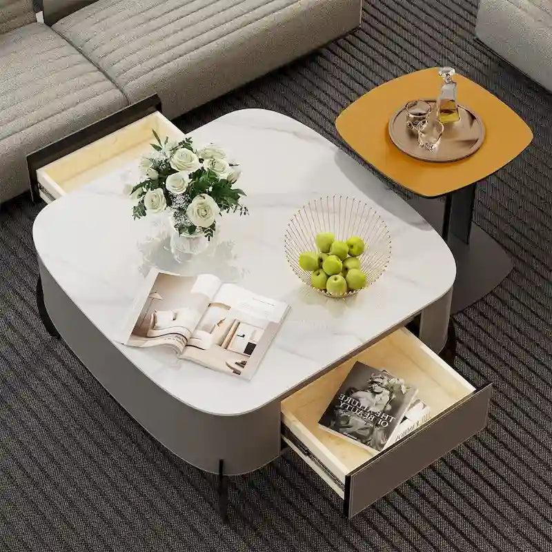 White Square Coffee Table with 2 Drawers