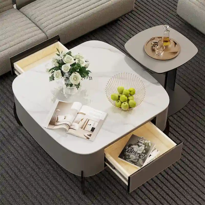 White Square Coffee Table with 2 Drawers