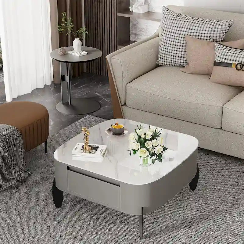 White Square Coffee Table with 2 Drawers