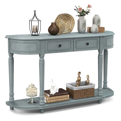 Blue Retro Console Table with 2 Drawers and Shelf