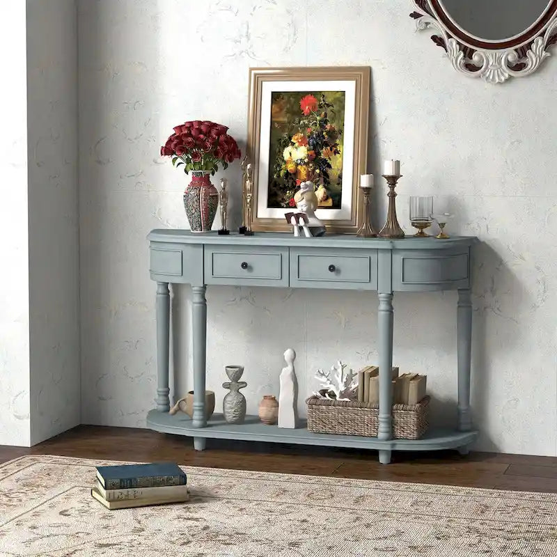 Blue Retro Console Table with 2 Drawers and Shelf