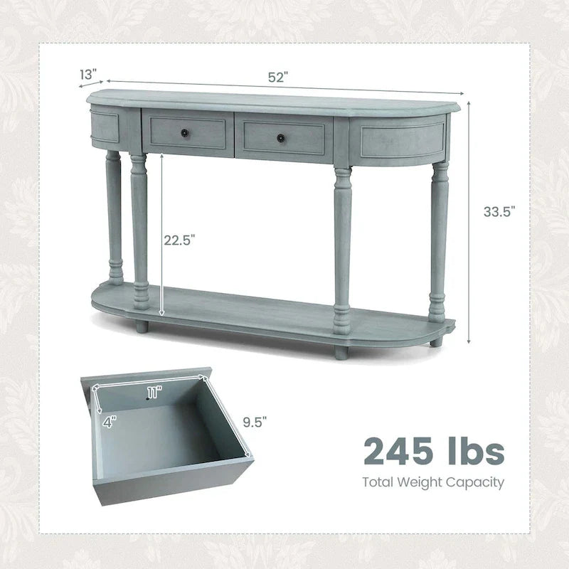 Blue Retro Console Table with 2 Drawers and Shelf