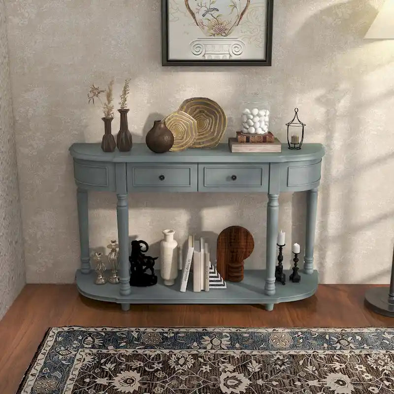Blue Retro Console Table with 2 Drawers and Shelf
