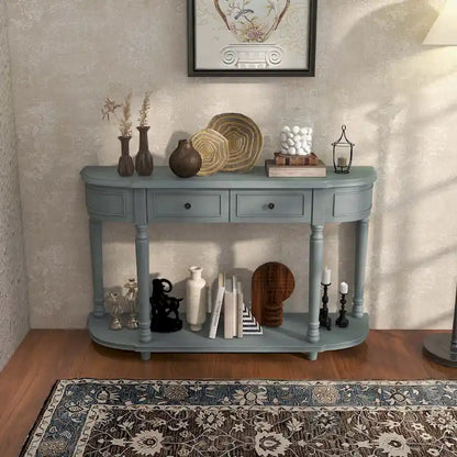 Blue Retro Console Table with 2 Drawers and Shelf