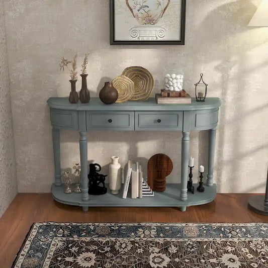 Blue Retro Console Table with 2 Drawers and Shelf