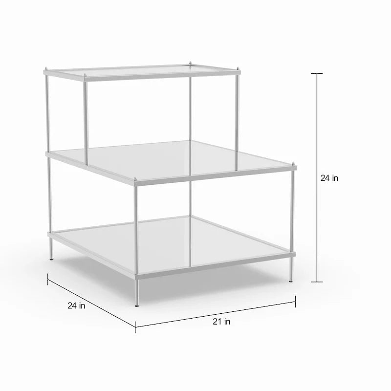 Chrome Mirrored Glass Side Table with 2 Shelves