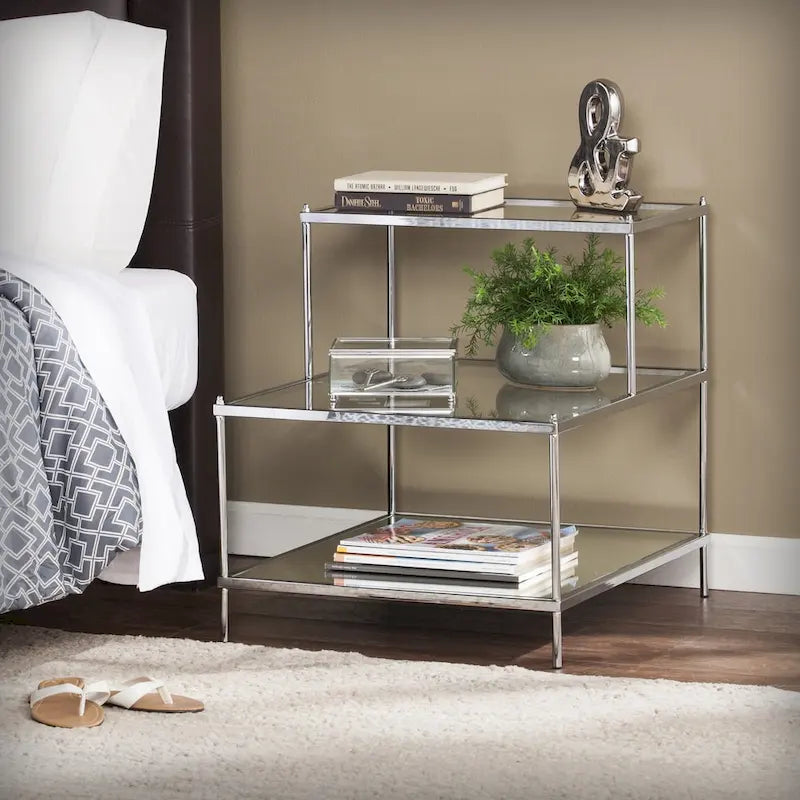 Chrome Mirrored Glass Side Table with 2 Shelves