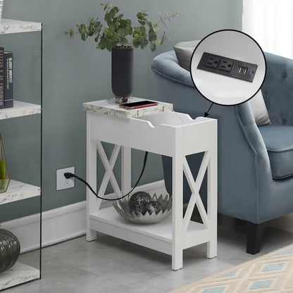 White Flip-Top End Table with Charging Station