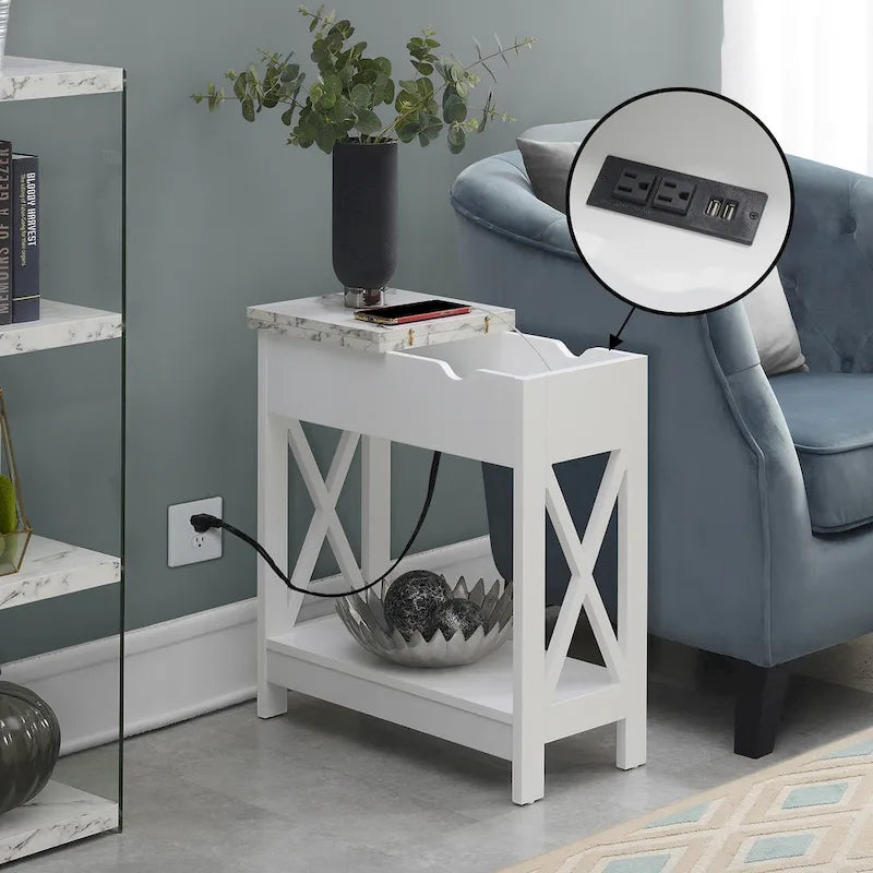 White Flip-Top End Table with Charging Station