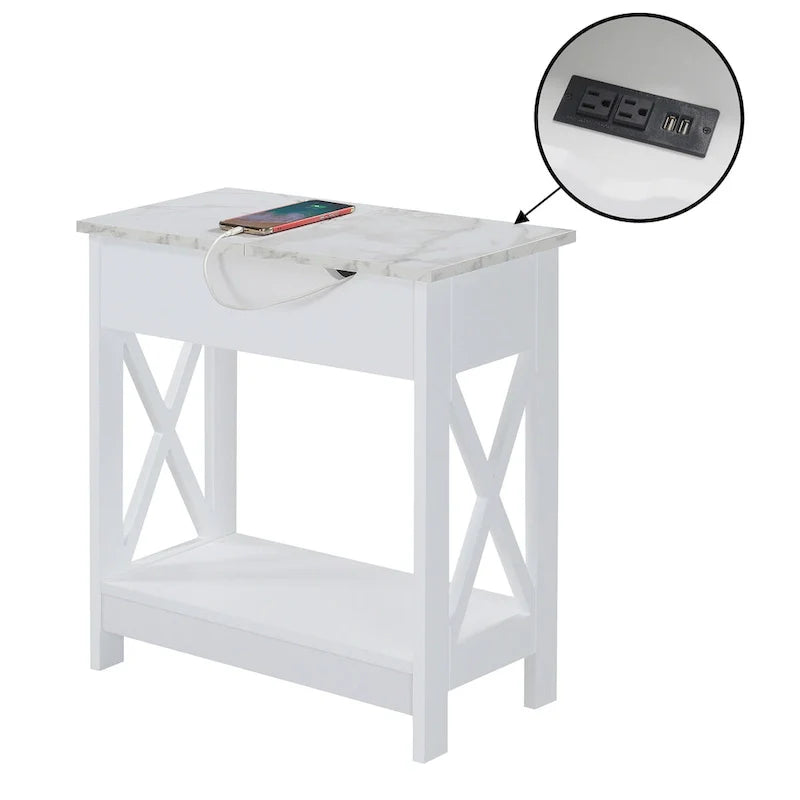 White Flip-Top End Table with Charging Station