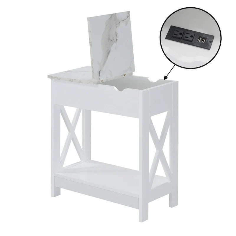 White Flip-Top End Table with Charging Station