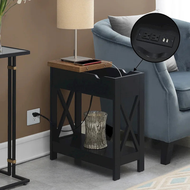 White Flip-Top End Table with Charging Station