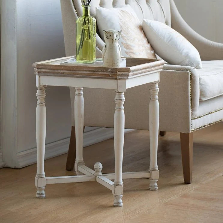White and Natural Wood Square Side Table with Tray Top