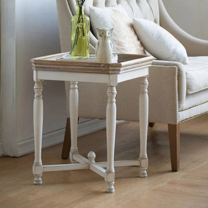 White and Natural Wood Square Side Table with Tray Top