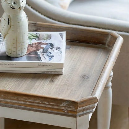 White and Natural Wood Square Side Table with Tray Top