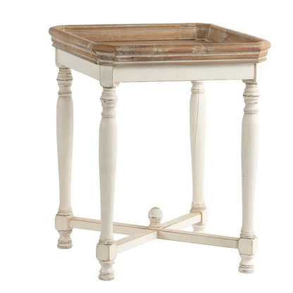 White and Natural Wood Square Side Table with Tray Top