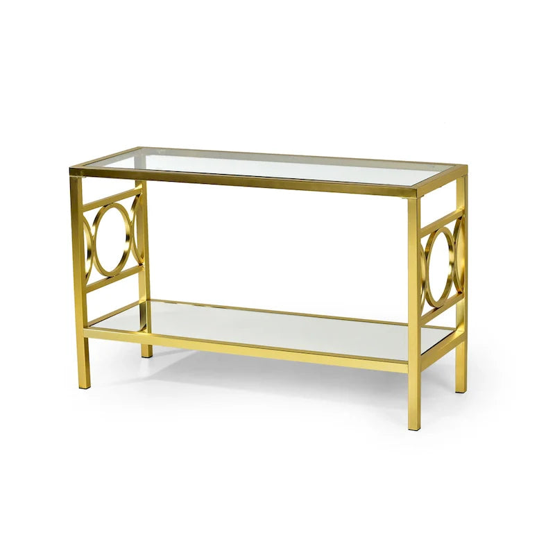 Gold Modern Console Table with Glass Top and Mirrored Shelf