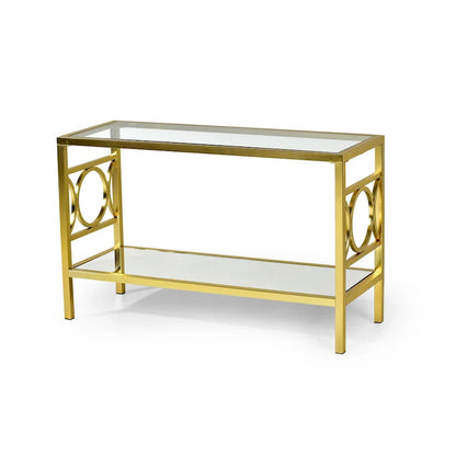 Gold Modern Console Table with Glass Top and Mirrored Shelf