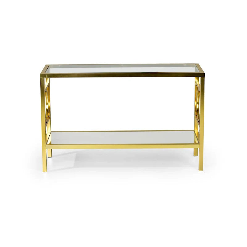 Gold Modern Console Table with Glass Top and Mirrored Shelf
