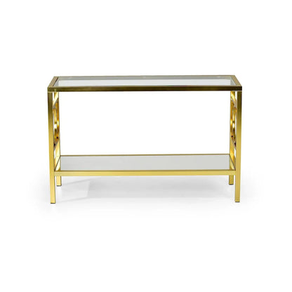 Gold Modern Console Table with Glass Top and Mirrored Shelf