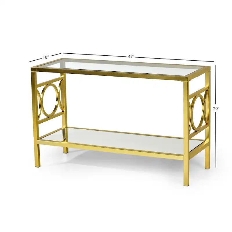 Gold Modern Console Table with Glass Top and Mirrored Shelf