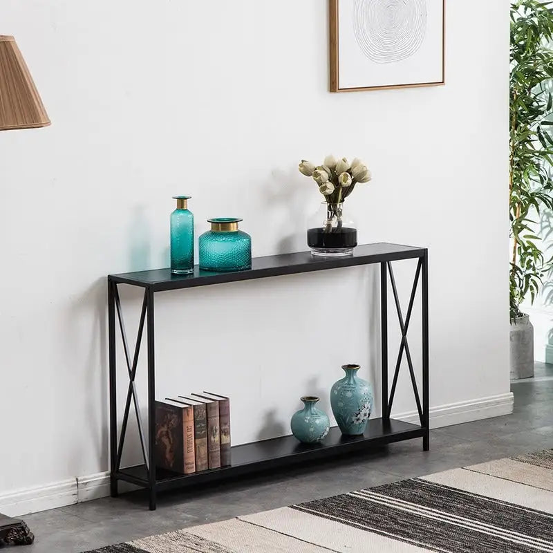 Black Industrial Console Table with Cross Frame