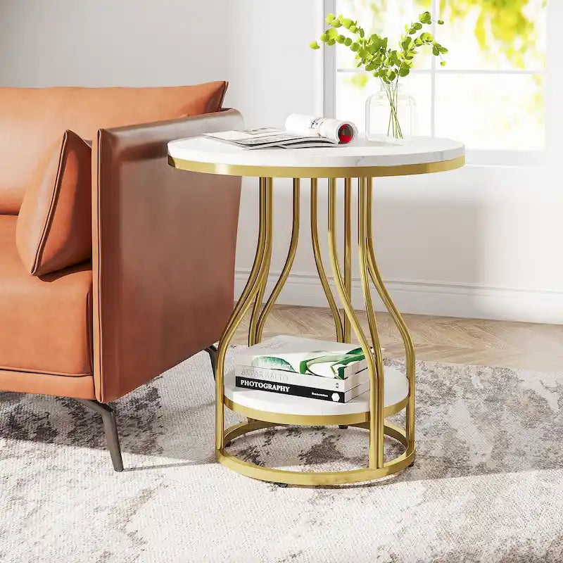 White and Gold Round Side Table - 2 Tier