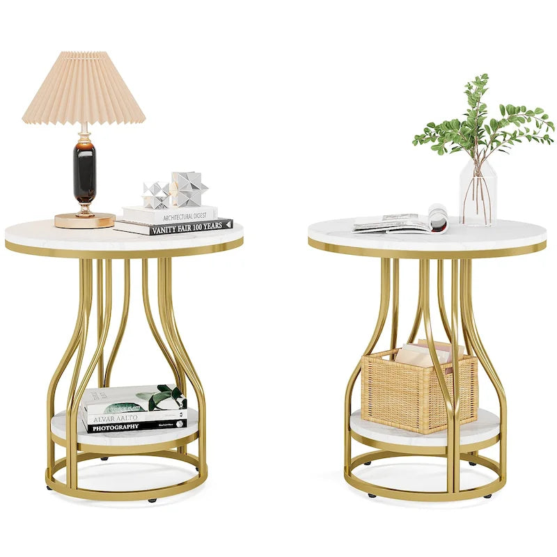 White and Gold Round Side Table - 2 Tier