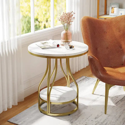 White and Gold Round Side Table - 2 Tier