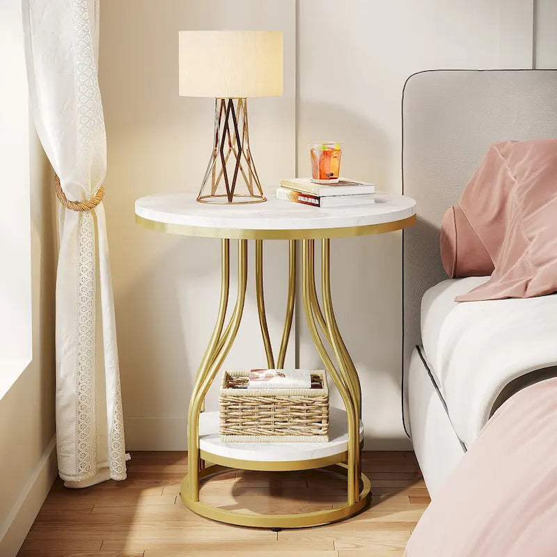White and Gold Round Side Table - 2 Tier