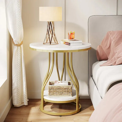 White and Gold Round Side Table - 2 Tier