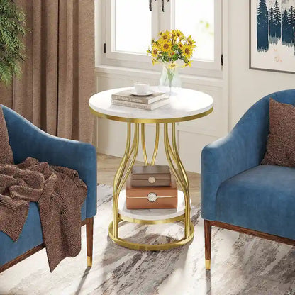 White and Gold Round Side Table - 2 Tier