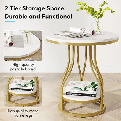 White and Gold Round Side Table - 2 Tier