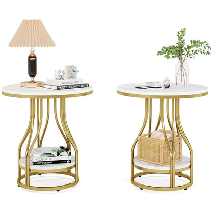 White and Gold Round Side Table - 2 Tier