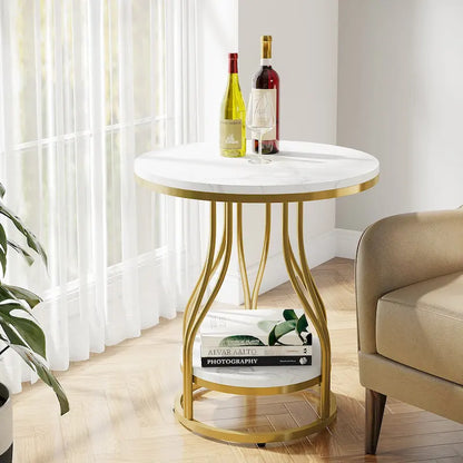 White and Gold Round Side Table - 2 Tier