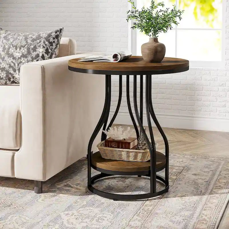 White and Gold Round Side Table - 2 Tier