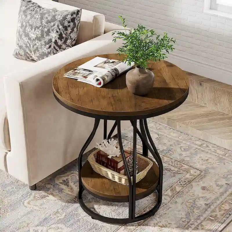 White and Gold Round Side Table - 2 Tier