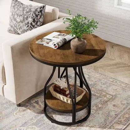 White and Gold Round Side Table - 2 Tier